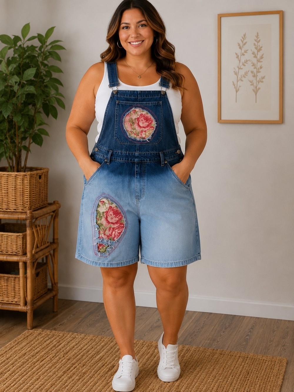Vintage Route 66 Denim Short Overalls Floral Appliqué Boho Cottagecore Size 20